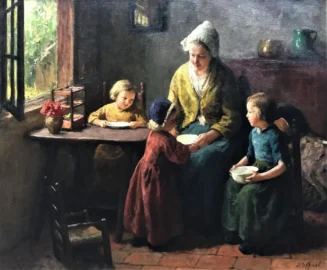 Mother and Children”, Dutch interior family scene, oil on canvas, circa 1930